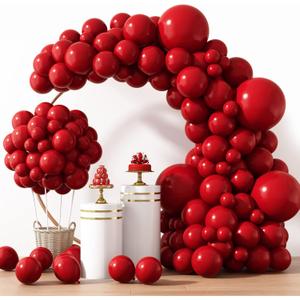 RUBFAC 129pcs Ruby Red Balloon Arch Kit, Different Sizes 18 12 10 5 Inches Cherry Red Latex Balloons for Garland Birthday Wedding Party Decoration