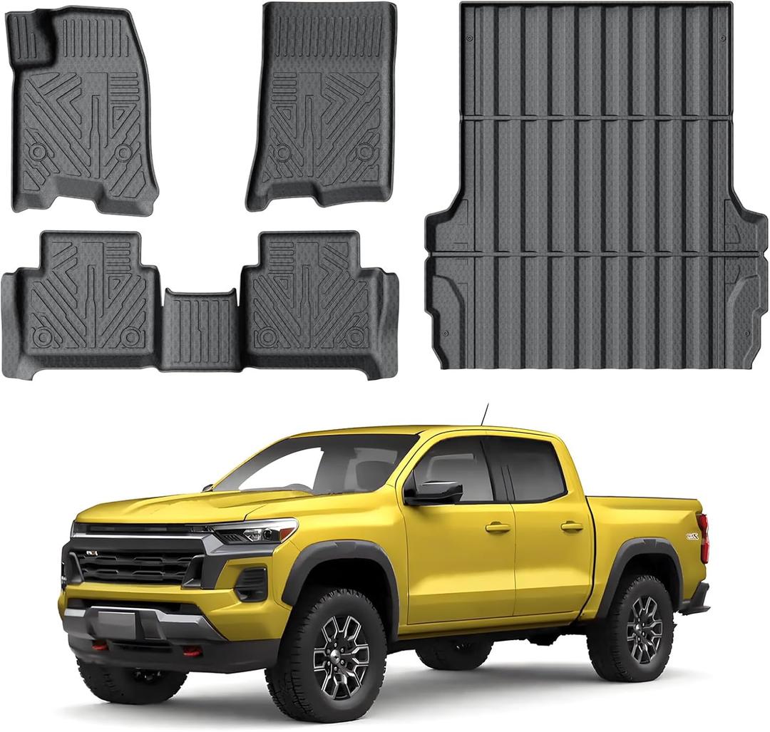 KUST Floor Mats Bed Mat Set for 2023 2024 2025 2026 Chevy Colorado/GMC Canyon Crew Cab, 5FT Truck Bed Liner All Weather Protection TPE Rubber High Edge Heavy Duty