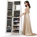 4-In-1 Jewelry Cabinet with Full-Length Mirror, 360 Swivel Jewelry Armoire Lockable Standing, Back Storage Shelves, Makeup Mirror, Jewelry Organizer with Storage for Best Gift, White