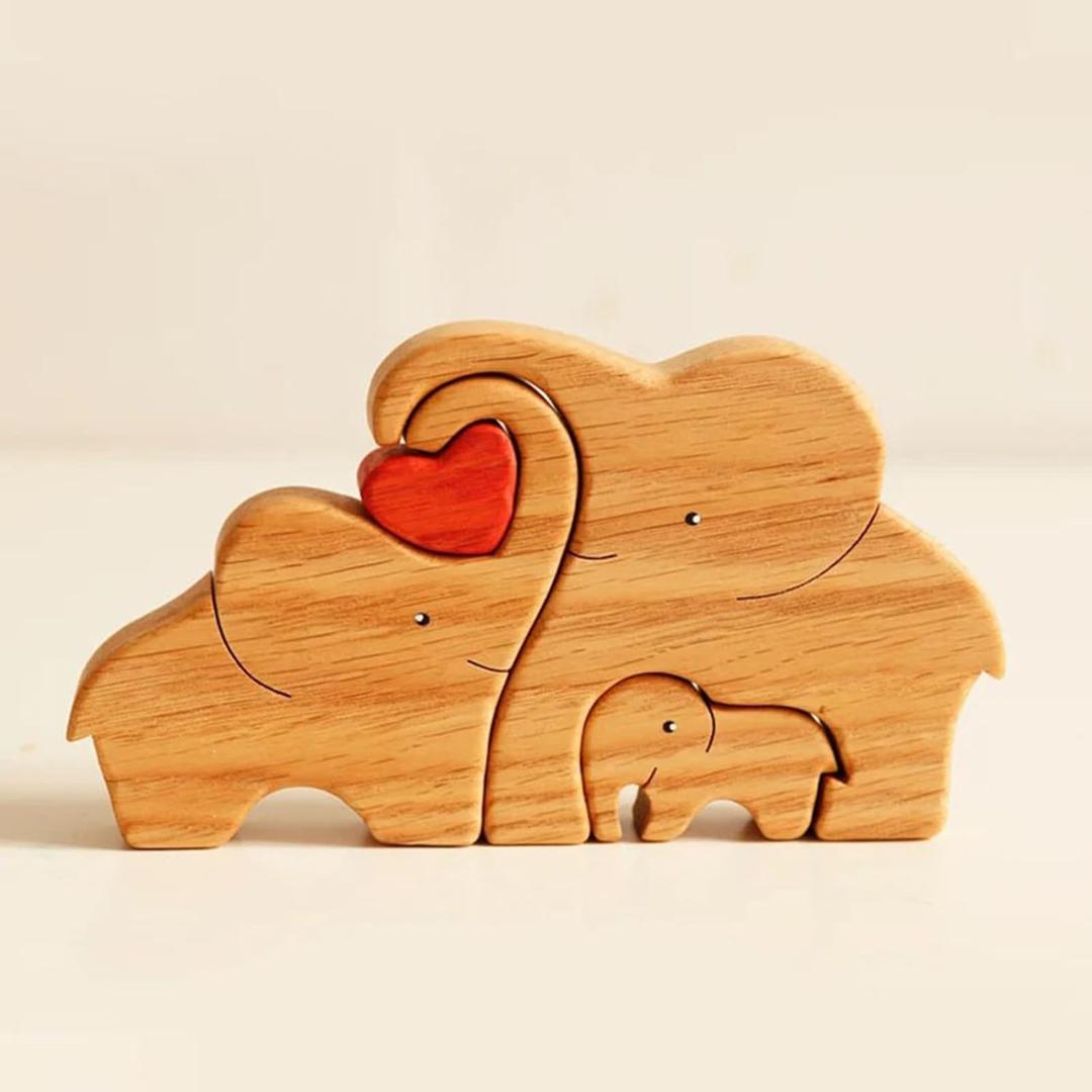 Family Wood Love Animal Puzzle Decoration- Wooden Bear Puzzle, Customized Wooden Oak Decorative Piece for Home Decor and Thoughtful Christmas Birthday Gifts Couple Friends,2-6 PCS (3 Elephants)