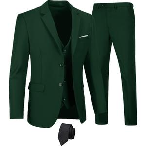 Furuyal Men's Suits 3 Piece Slim Fit Suit Set,Two Button Wedding Business Tuxedo Solid Blazer Jacket Vest Pants with Tie (Dark Green)