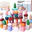 48 PCS Wooden Stacking Rocks Stones Building Blocks, Montessori Toys for 3+ Year Old Preschool Learning Activities Balancing Stacking Game, Birthday Gifts for 3 4 5 6 Year Old Girls Boys Kids