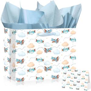 Airplane Party Favors Bag with Tissue Paper and Card Airplane Wrapping Paper Baby Shower Paper Gift Bag for Boys Blue Plane Airplane Goodie Bags Baby Shower Decorations for Boys Birthday Supplies