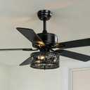 52-Inch Farmhouse Caged Ceiling Fan with Light and Remote, Modern Rustic Fandelier with Clear Crystal Accent Drum Shade, 5 Reversible Blades, Quiet DC Motor for Bedroom, Living Room, Matte Black, 20 inches