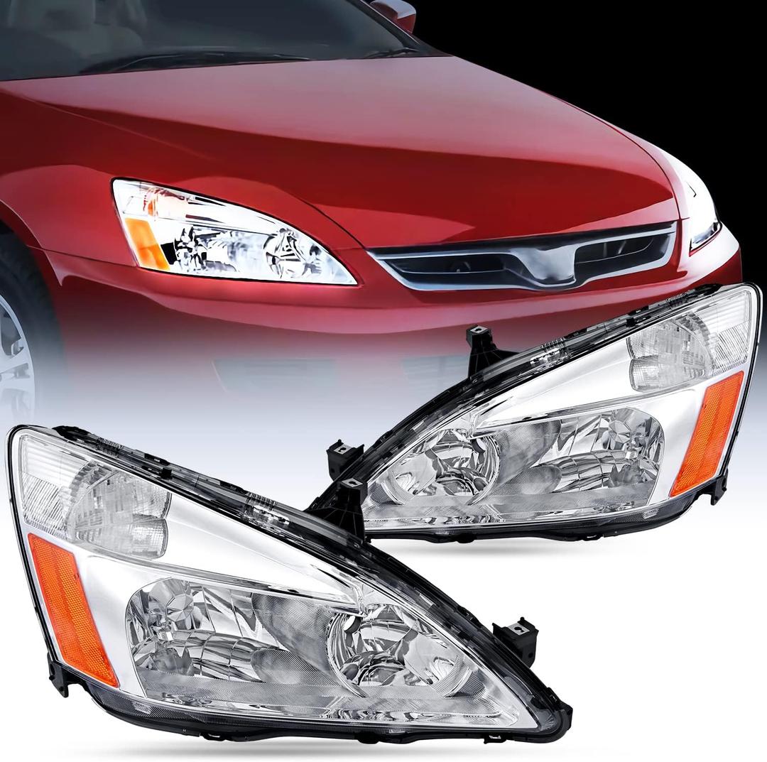 Nilight Headlight Assembly for 2003 2004 2005 2006 2007 Accord Replacement Headlamp Chrome Housing Amber Reflector