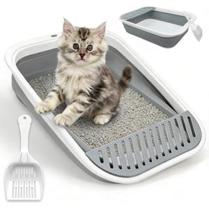 BNOSDM Collapsible Small Cat Litter Box for Kittens Open Potty Pan Foldable Cat Toilet with Scoop Senior Kitty Travel Shallow Litters Boxes Anti-Splash Waterproof Grey 17.7"13.4"