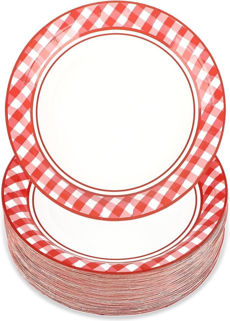 100Pcs Red and White Plates Gingham Checkered Plaid Dessert Plate, 7inch Disposable Paper Plates,Checkered Plaid Dessert Table Supplies for Picnic Barbecue Birthday Family Decorations
