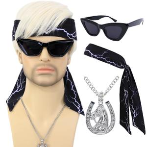 Short Blonde Cosplay Wig for Men with Necklace Headbands and Glasses Mens Blond Costume Synthetic Hair Wigs for Halloween Party (Wig+Necklace+Headbands+Sunglasses)