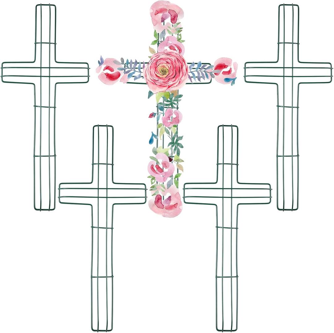 Sieral 5 Pcs Cross Metal Wreath Frame Floral Garden Cross Shaped Metal Wire Wreath Form for Garden Religious Wedding Church DIY Craft Indoor Outdoor Holiday Hanging Decorations(16 x 7 Inches)