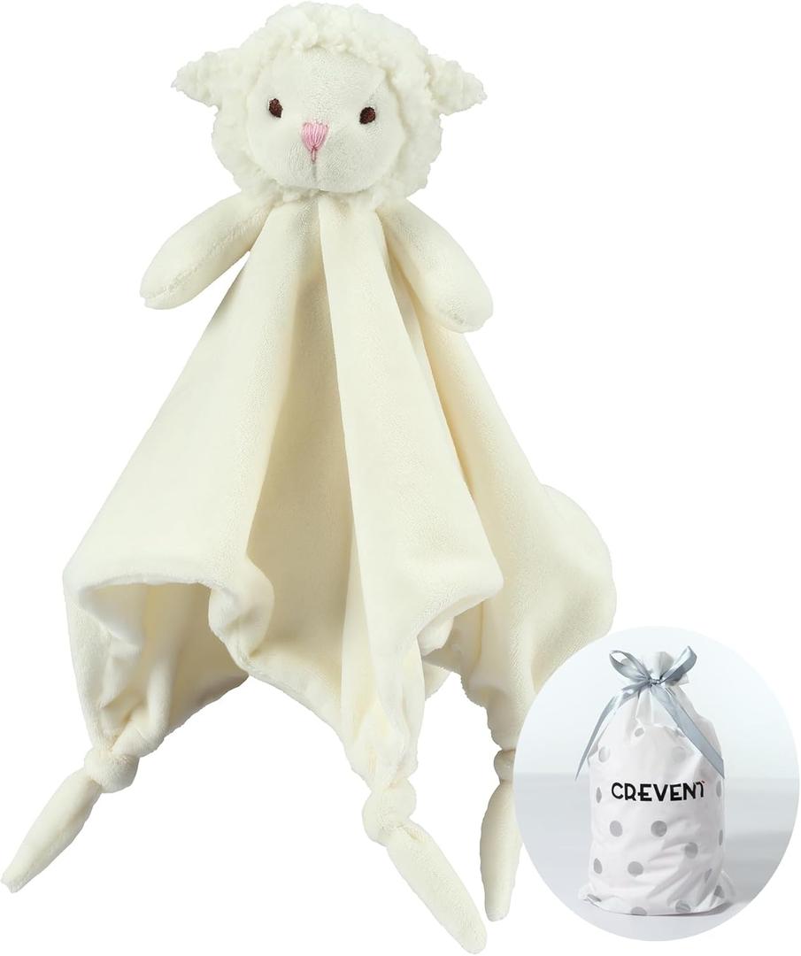 CREVENT Cozy Plush Baby Security Blanket Loveys for Baby Girls Boys, Minky Front and Back with Animal Face (Ivory Sheep)