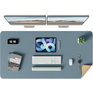 YSAGi Double-Sided Desk Pad, Leather Desk Mat, Eco Cork Desk Pad Protector, Large Mouse Pad for Desk, Waterproof Desk Blotter Pad, Desk Writing Pad for Office Work/Home (Cork+Blue Grey, 47.2" x 23.6")
