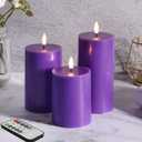 Purple Flameless Pillar Candles with Remote Set of 3