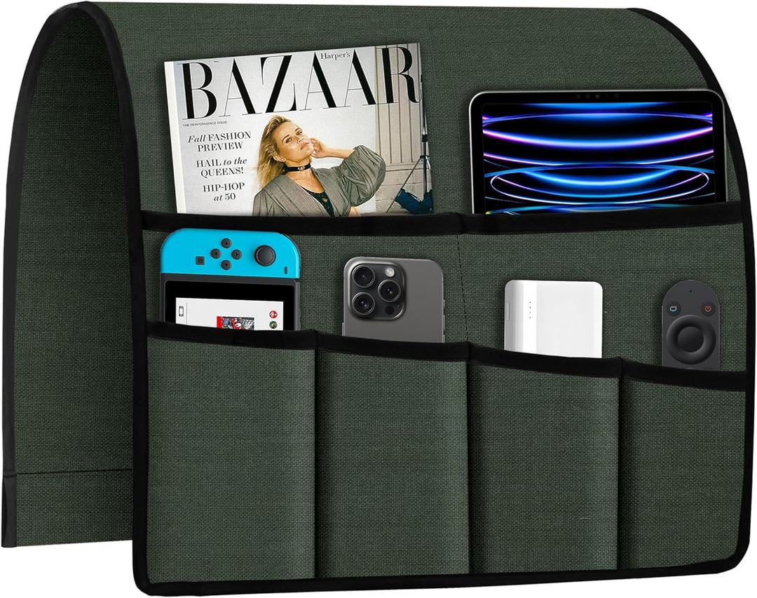 Joywell Linen Armchair Caddy Remote Control Holder for TV Recliner 6 Pocket Storage Organizer Sofa Armrest Caddie Magazine Phone iPad Storage Recliner Remote Holder for Snakes, Green