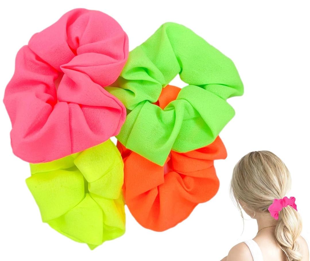 4pcs 80s Neon Hair Scrunchies - Elastic Hair Bands and Ponytail Holders Scrunchie, Hair Accessories for 80s Party Outfits and Workout Costumes