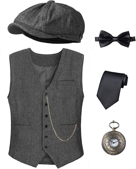 Kids 1920s Costume for Boys Vest Hat Pocket Watch Accessories Set Party Cosplay 10-11Years
