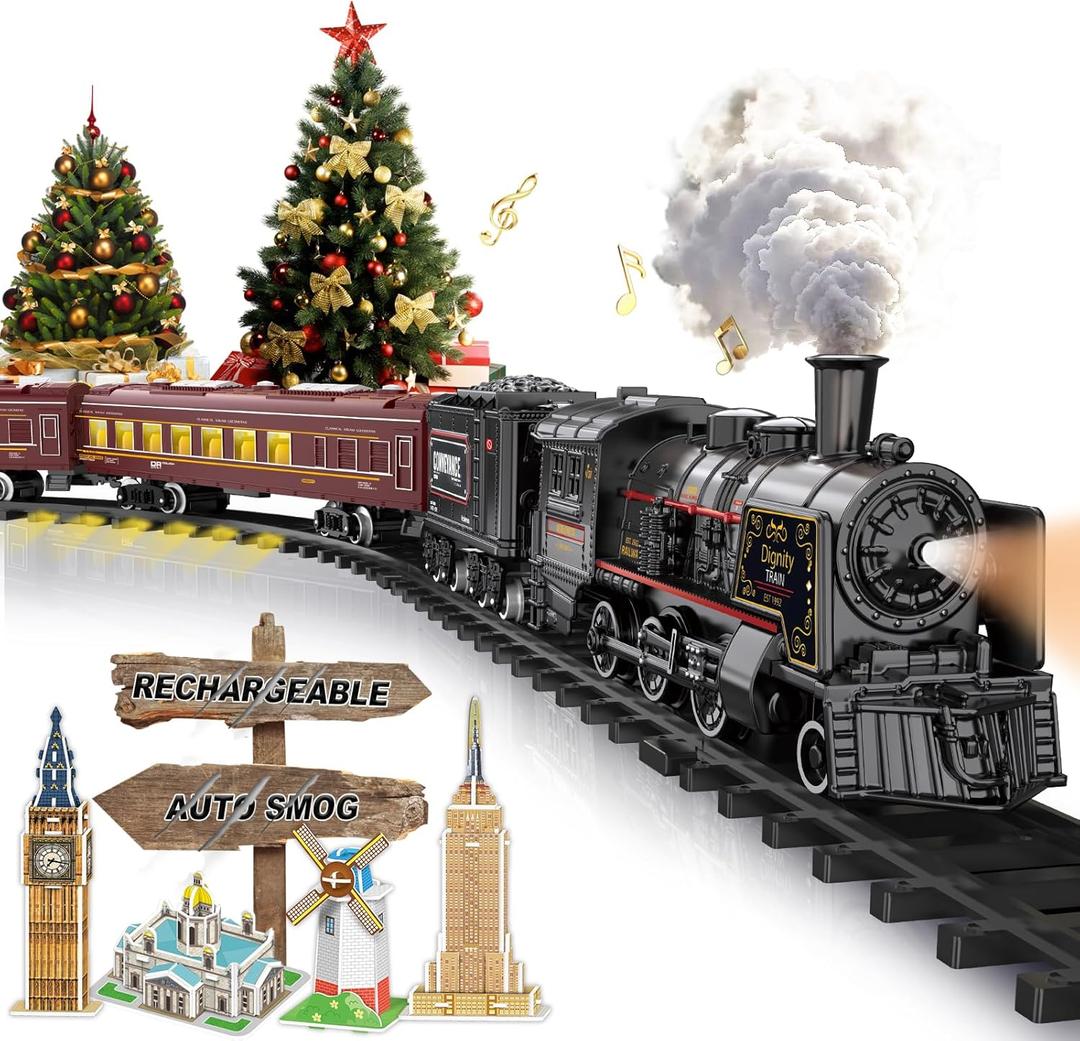 Electric Train Sets for Boys Girls Metal Alloy Christmas Trains Toys Steam Locomotive, Passenger Carriages, Tracks, Light & Sounds Rechargeable Birthday Gifts for Kids 3 4 5 6 7 8 + Years Old Red