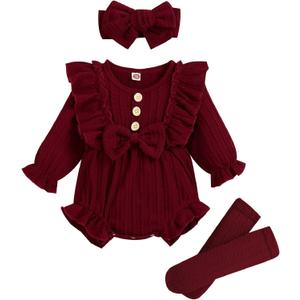 GRNSHTS Newborn Baby Girl Clothes Ruffle Solid Sweater Long Sleeve Romper+Hairband+Socks 3Pcs Fall Winter Outfits (0-3 Months, Wine Red)
