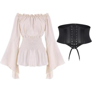 Women Renaissance Blouse Top Corset Waist Belt, Pirate Corset Shirt, Medieval Costume Off Shoulder Peasant Shirt (Large, Beige)