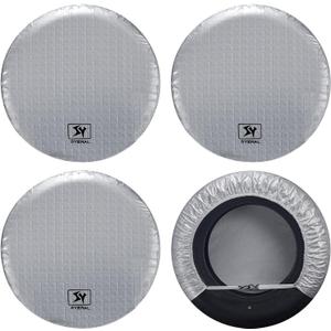 SYERAL RV Tire Covers Set of 4, Waterproof Anti-UV Snow Sun Rain Wheel Tire Protectors Covers for Trailer,Camper,RV,Truck,SUV (S(25''-27''), Silver