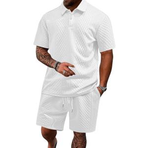 Men's 2 Pieces Outfits Casual Polo Shirt and Shorts Set Collar Athletic Jogging Summer Tracksuit (White, XL)