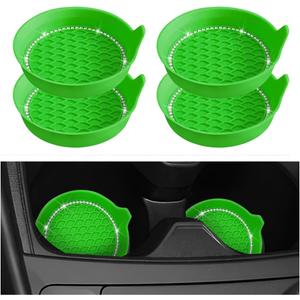 Bling Car Cup Coaster, 4PCS Crystal Rhinestone Silicone Anti Slip Vehicle Insert Drink Cup Mat, Shiny Diamond Auto Decorative Coasters for Women Girls, Universal Fit (Light Green)