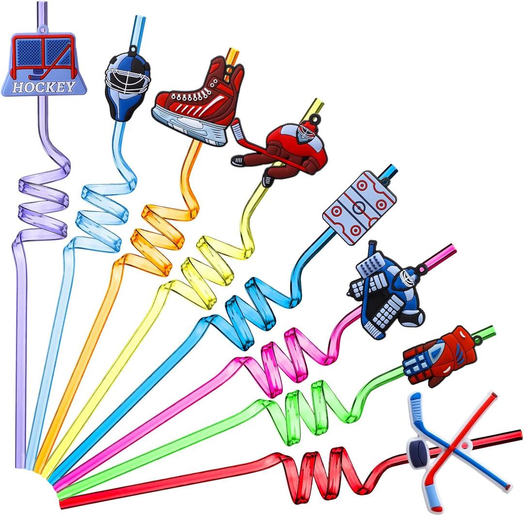 Roshtia 24 Pack Hockey Straws, Reusable Curly Drinking Straws with Ice Hockey Decorations, Daily Drink Straw for Birthday Party Supplies, Team Gifts, Class Reunion, Sports Party Favors