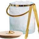 Le'raze Glass Ice Bucket with Airtight Lid, Tong Scooper and Handle - 3L Ribbed Beverage Tub Cocktail Home Bar Accessories, Wine, Beer Chiller for Parties, Champagne Drink Cooler Hinged Handles