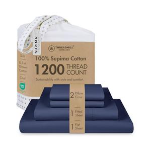 Threadmill American Supima King Size Cotton Sheets, 1200 Thread Count, 4 Piece Luxury Bed Sheets for King Mattress, 5 Star Hotel Quality Sheets with Elasticized Extra Deep Pocket, Folkstone Blue