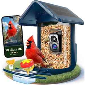 Bird Feeder with Camera Solar Powered - Smart Bird Feeder Camera 2K HD Live Stream, 5MP Photos, AI Identification for Backyard, 2.4Lb Large Capacity, Gifts for Mom Dad, Blue