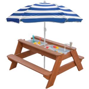 Kids 3-in-1 Sand & Water Table, Wood Outdoor Convertible Picnic Table with Umbrella, 2 Trays, Removable Top with Faucet, Picnic for Outdoor (Brown/Navy)