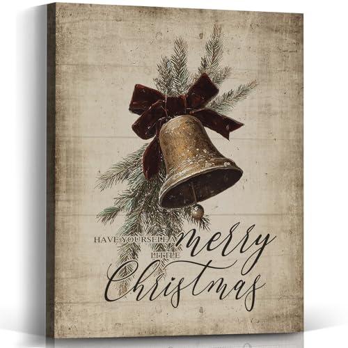 Voxitura Vintage Merry Christmas Bell Wall Art Canvas, Rustic Cotta core Bow Wall Decor for Holiday, Retro Farmhouse Winter Paintings Pictures Prints Framed for Bedroom Prayer Room 12x15in