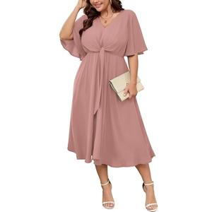 SCOMCHIC Women Plus Size Midi Dresses Wedding Guest Short Sleeve V Neck Tie Waist Casual Summer Flowy A Line Dress Dusty Pink, XL