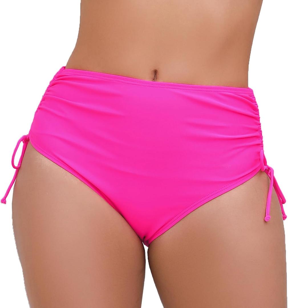 Women's High Waisted Full Coverage Cheeky Bikini Bottoms Tummy Control Adjustable Dtawstring Swim Bottoms (Large, Hot Pink1)