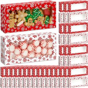 Tenceur 48 Pieces Christmas Cookie Boxes with Window & Lid 12.5 x 5.5 x 2.5 Inch Red and White Snowflake Bakery Boxes Christmas Xmas Candy Treat Food Container for Xmas Gift Wrapping Party Favor