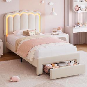 Twin Upholstered LED Bed Frame with Storage Drawer and Adjustable Chic Double Wavy Headboard, Velvet Princess Platform Bed for Kids/Girls, Solid Wood Slats Support, No Box Spring Needed, Beige