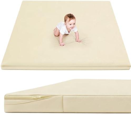 ILPEOD Waterproof Baby Play Mat for Floor 1.3"Thick Memory Foam 50*50 Cushion Playpen Playmat Tummy Time Crawling Mat Nursery Rug Pad Mattress Create Soft & Safe Area for Infants,Toddler,Kids,Beige