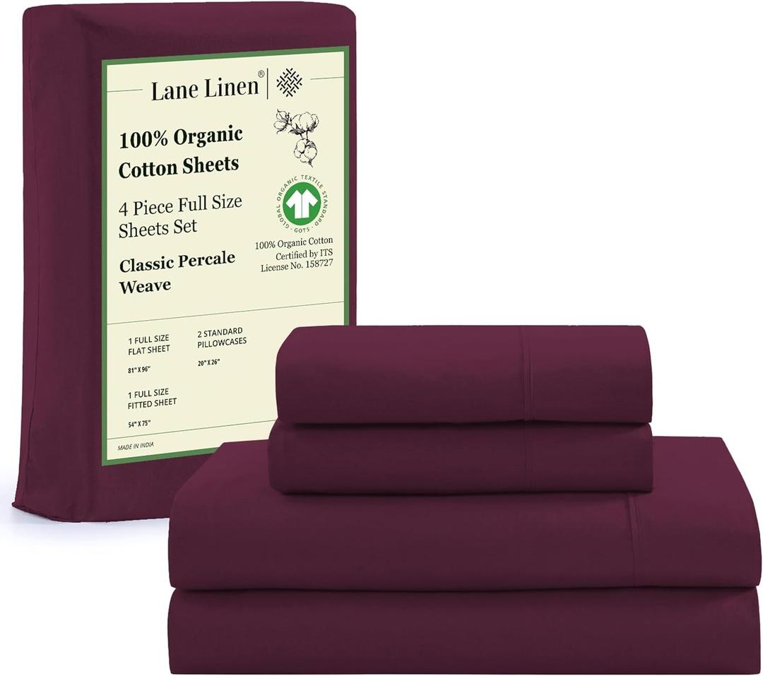 LANE LINEN 100% Organic Cotton Eco Friendly Full Size Bed Sheets, Mercerized Fully Elasticized Cotton Sheets Full, Percale Weave Soft & Comfy Comes in Variety of Colors- Windsor Wine