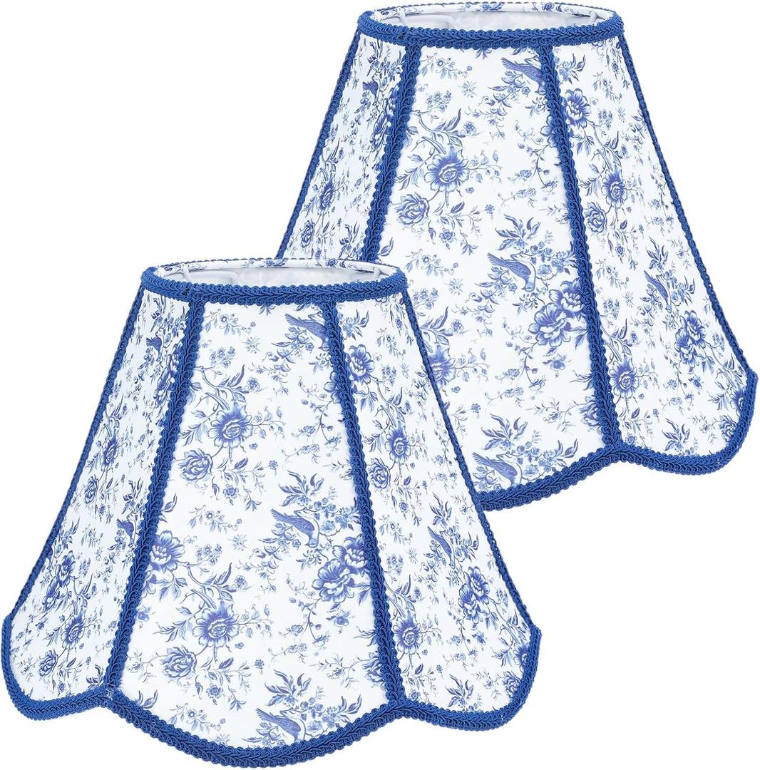 2 Pcs Chinoiserie Scalloped Lamp Shade for Table Lamps Vintage French Toile Countryside Floral Blue and White Scalloped Lamp Shade 6"top x 13"bottom x 10.6"high for Table Lamps Farmhouse