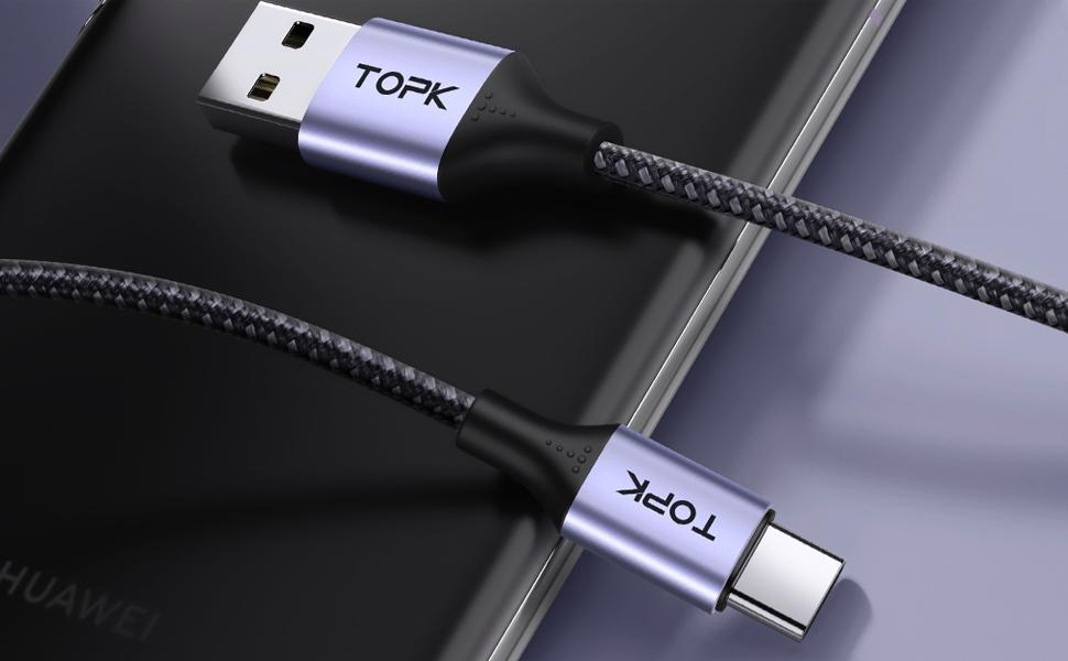 TOPK USB C Charger Cable, 3A QC3.0 USB A to USB C Fast Charging Cable, Nylon Braided Data Sync Cord Compatible with Galaxy S22 S21 S20 S10 S9 S8 Plus Note 20 10 9 and More