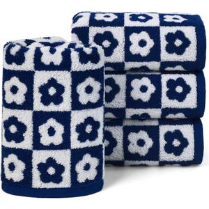 Jacquotha Hand Towels for Bathroom Navy Blue & White - Checkered Floral Decorative Hand Towel Set of 4, 100% Cotton, 13x29 Inches