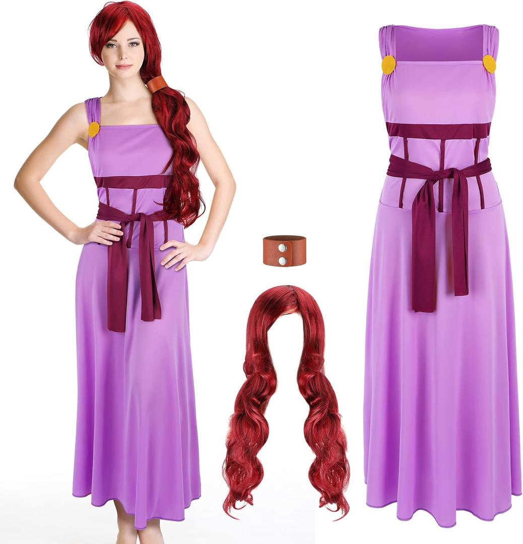 Halloween Princess Cosplay Costume for Women Pink Dress Outfits Burgundy Curly Wig Headband for Halloween Party,Medium