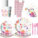 200 Pcs Confetti Birthday Party Tableware Set, Party Table Colorful Decorations Supplies Include 7 Inch and 9 Inch Paper Plates, Napkins Cups and Forks Spoons for 25 Guests