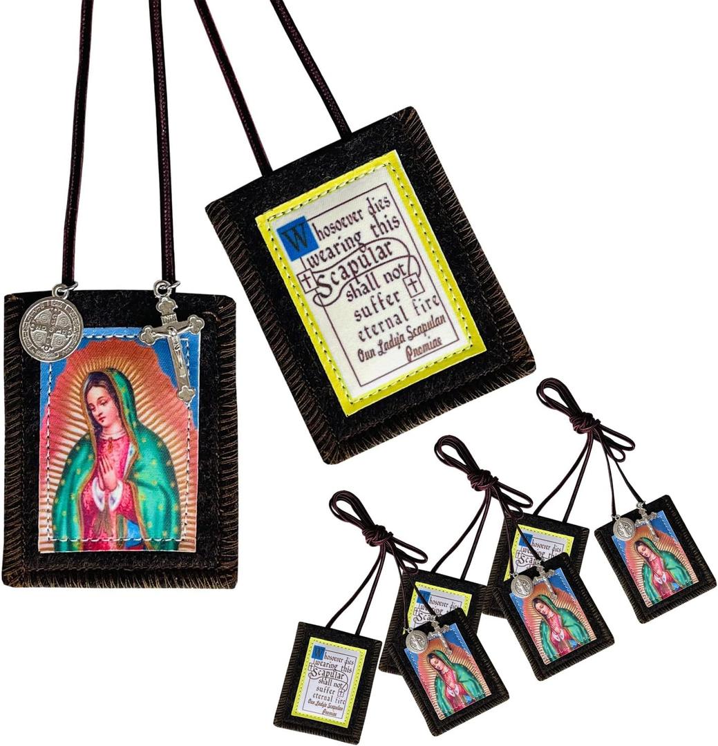 Scapulars Catholic,3 Pack Bulk Brown Scapular Of Virgen De Guadalupe Necklace,Escapularios Catolicos Scapular Catholic Necklaces Religious Gift For Women Man With St Benedict Medal Crucifix Decoration
