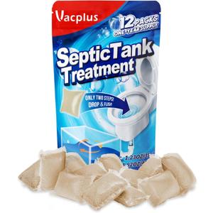 Vacplus Septic Tank Treatment 12 Pcs for 1-Year Supply, Dissolvable Packs with Easy Operation, Durable Biodegradable Enzymes for Wastes, Greases & Odors, Brown, 3x Efficiency