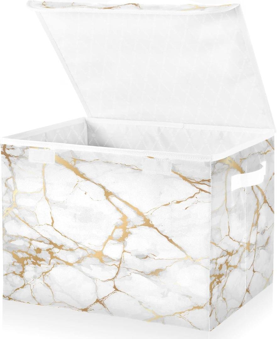 Storage Bin with Lid Gold Geometric Marble White Golden Edge Foldable Storage Box Washable Fabric Storage Cubes Bin Organizer Basket Closet for Home Bedroom Closet Nursery Office (Multi7)