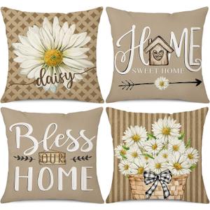 Daisy Throw Pillow Covers 18 x 18 Set of 4 Sweet Home Bless Our Home Spring Summer Decorative Cushion Case for Sofa Couch Living Room (Brown)