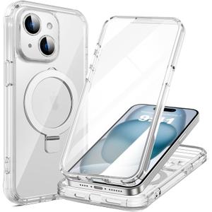 for iPhone 15 Case with Invisible Magnetic Stand, Compatible with Mag-Safe Military-Grade Protection with Built-in Screen Protector, Shockproof Phone Case for Women Men, Clear