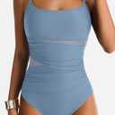One Piece Swimsuit for Women Tummy Control Mesh Bathing Suits Sexy Push Up Swimsuits Slimming Square Neck Swimwear (Blue, L)
