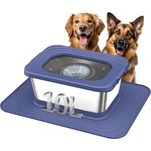 Decflow 10L Stainless Steel Dog Water Bowl, No Spill Anti-Splash Dog Bowls with XXL Silicone Mat, Spill-Proof Slow Feeder for Messy Drinkers, Heavy Duty Pet Bowls for Indoor/Outdoor Use Blue