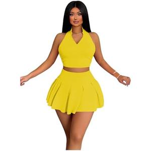 RoseSeek Women's 2 Piece Tennis Skirt Set Sleeveless Racerback Crop Tank Tops High Waisted Pleated Mini Skirt Outfits Yellow, L